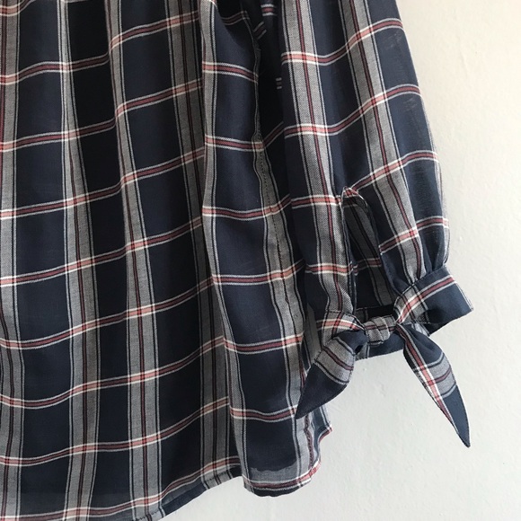 Paige Antonia Plaid Off-the-Shoulder Top in Blue • M - Picture 5 of 7